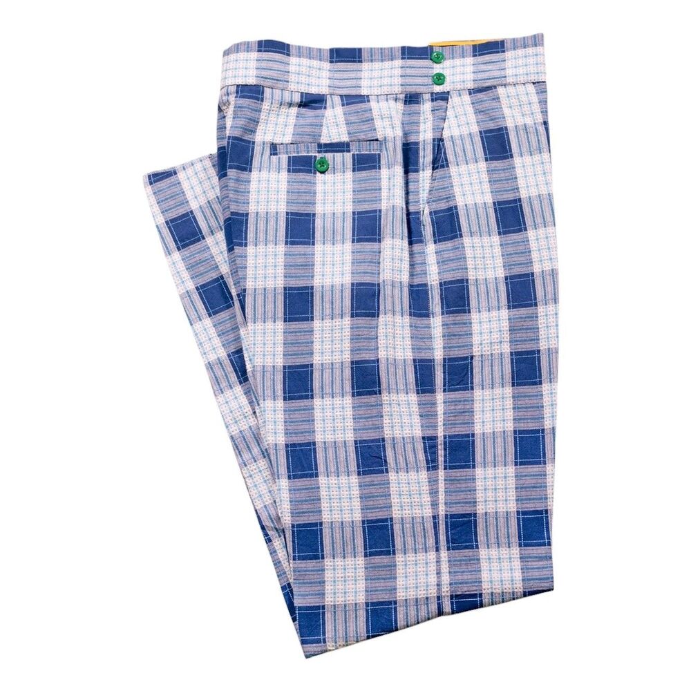 Mens 32 Blue White Plaid Textured Cotton Gurkha Pants High Waist Flat Front
